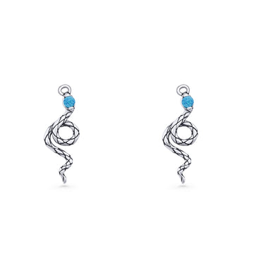Round Lab Created Blue Opal Oxidized Snake Fishhook Earring 925 Sterling Silver Wholesale